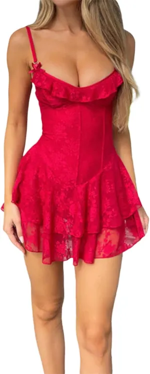 Women Corset Mini Dress Sleeveless Spaghetti Strap Backless Lace Floral Tiered Ruffle Hem Cami Dress Party Clubwear