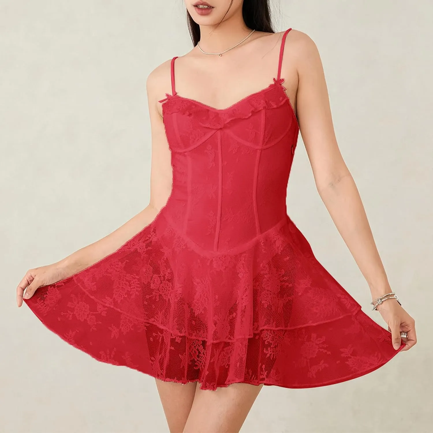 Women Corset Mini Dress Sleeveless Spaghetti Strap Backless Lace Floral Tiered Ruffle Hem Cami Dress Party Clubwear