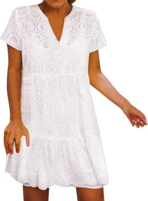 Women Dress Solid Lace Hollow Sexy Beach Dress Casual Plus Size Loose Hide Belly Fat Summer Bohemian Sundress 2024