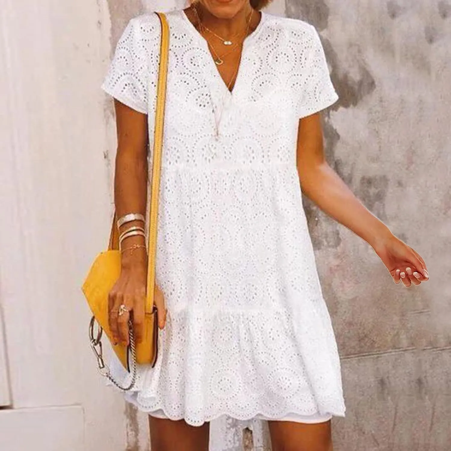 Women Dress Solid Lace Hollow Sexy Beach Dress Casual Plus Size Loose Hide Belly Fat Summer Bohemian Sundress 2024