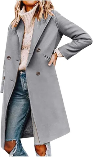 Women Elegant Notched Collar Double Breasted Pockets Wool Blend Over Coat Fall Winter Casual Peacoat Midi Trench Coats