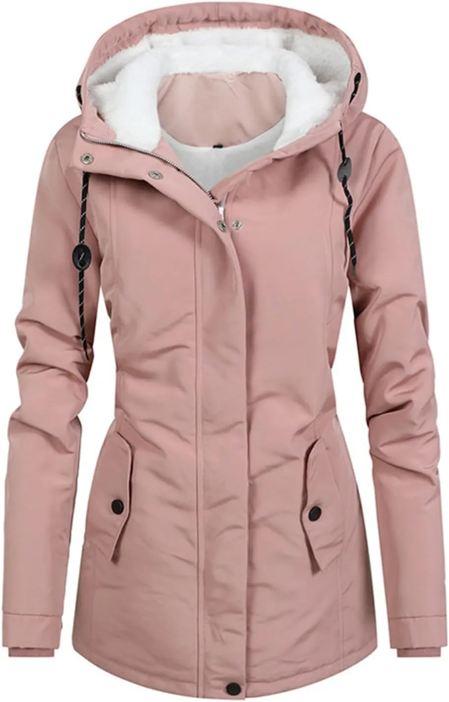 Women Faux Fur Hooded Parka Coats Winter Fleece Sherpa Lined Mid Length Jacket Winter Outwear Windproof Warm Jackets