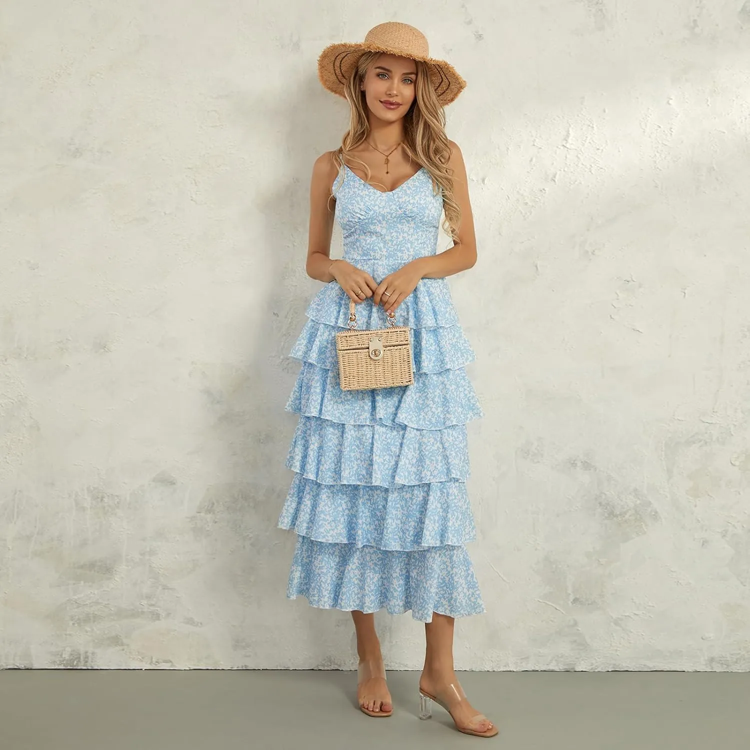 Women Floral Long Maxi Dress Sleeveless V Neck Tiered Ruffles Cami Dress Summer Casual Beach Party Sundress