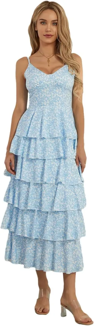 Women Floral Long Maxi Dress Sleeveless V Neck Tiered Ruffles Cami Dress Summer Casual Beach Party Sundress
