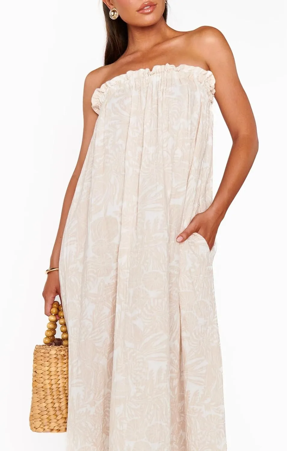 Women Floral Print Maxi Tube Dress Strapless Flowy Long Bandeau Dress Y2K Open Back Sundress Summer Beachwear