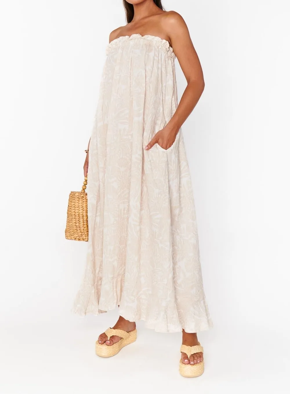 Women Floral Print Maxi Tube Dress Strapless Flowy Long Bandeau Dress Y2K Open Back Sundress Summer Beachwear