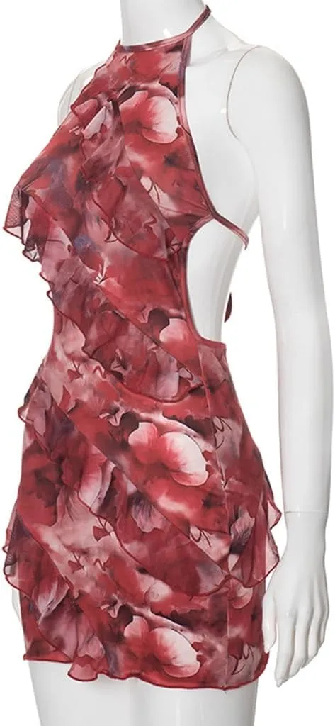 Women Floral Spaghetti Strap Dress Ruffle Halter Tie Mini Dress Sexy Backless Skirt for Seabeach Traveling Vacation