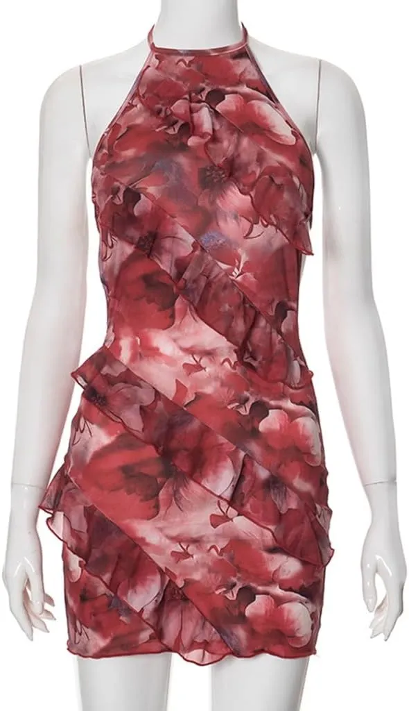 Women Floral Spaghetti Strap Dress Ruffle Halter Tie Mini Dress Sexy Backless Skirt for Seabeach Traveling Vacation