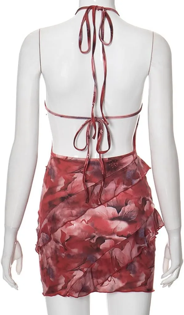 Women Floral Spaghetti Strap Dress Ruffle Halter Tie Mini Dress Sexy Backless Skirt for Seabeach Traveling Vacation