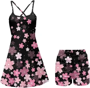 Women Golf Dress Set Casual 2 in 1 Cross Strap Tennis Sport Activewear with Built in Short and Pocket XS-2XL