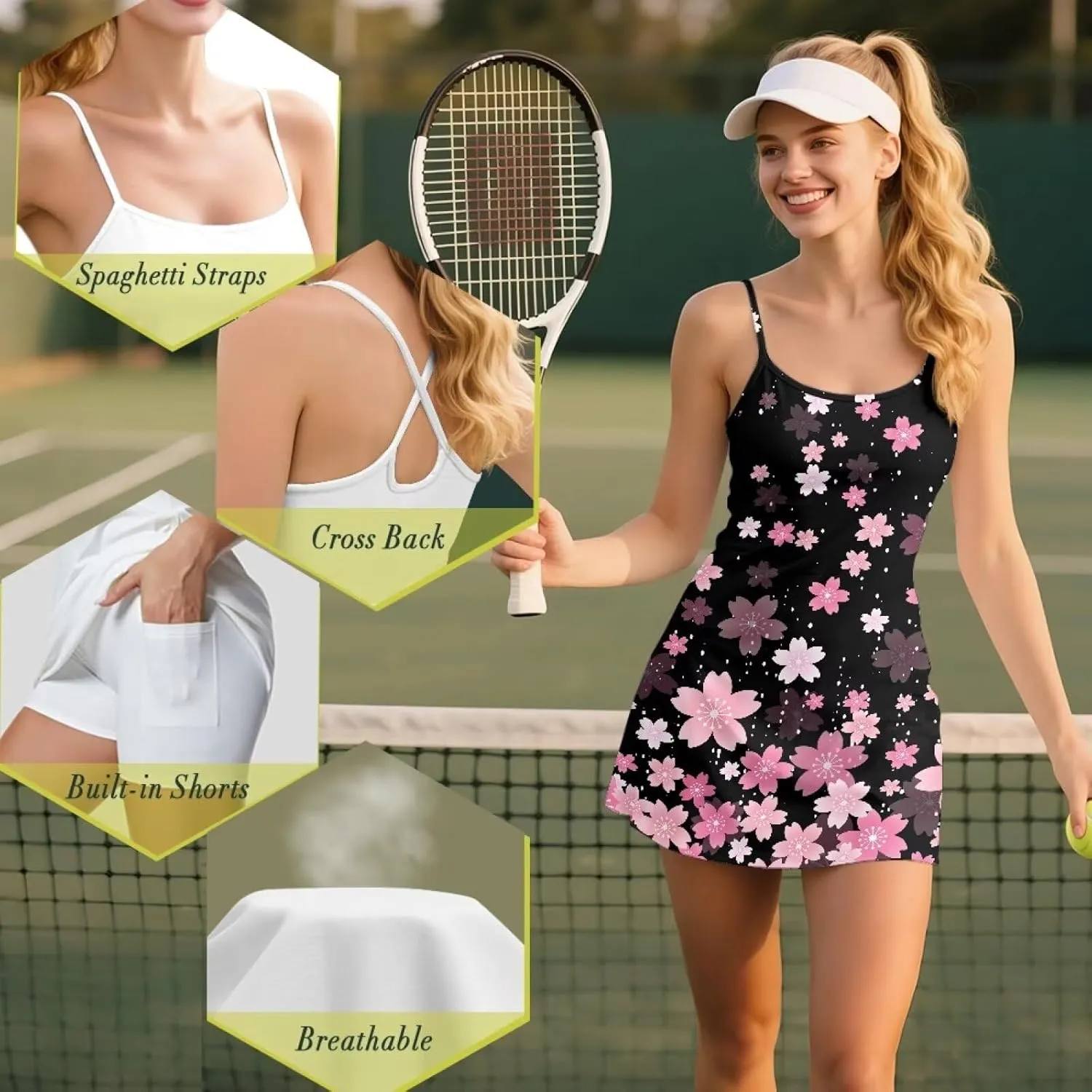 Women Golf Dress Set Casual 2 in 1 Cross Strap Tennis Sport Activewear with Built in Short and Pocket XS-2XL