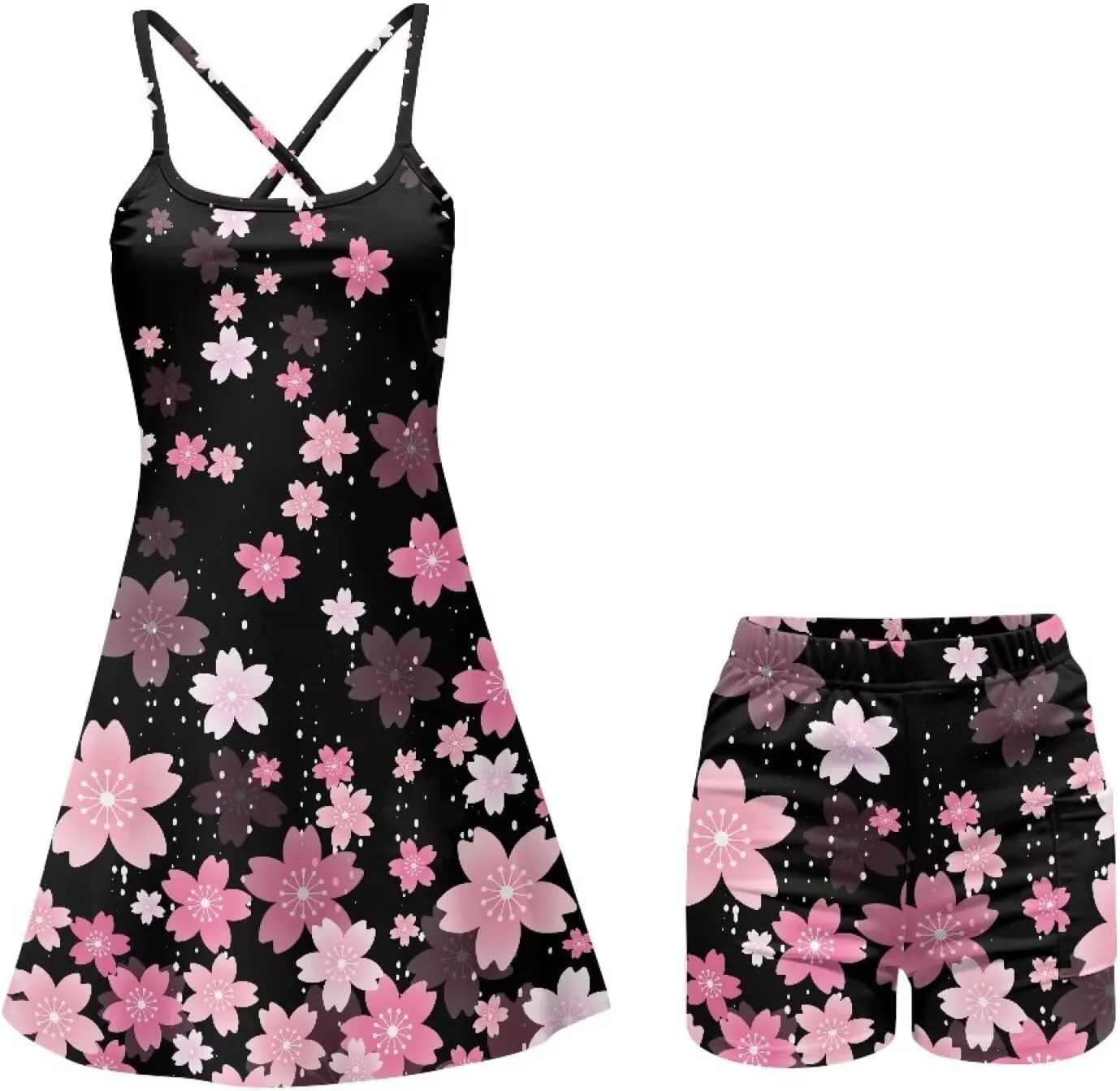 Women Golf Dress Set Casual 2 in 1 Cross Strap Tennis Sport Activewear with Built in Short and Pocket XS-2XL