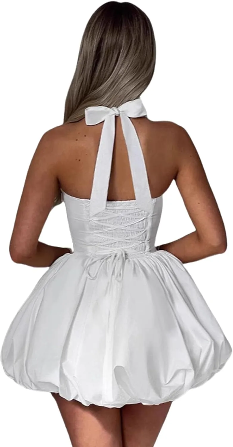 Women Halter Mini Short Dress Scoop Neck Bodycon A-line Party Club Dresses