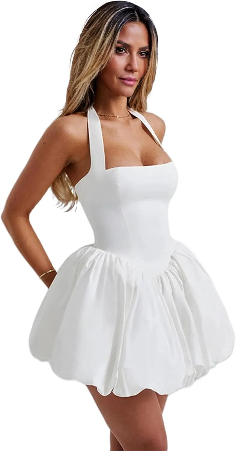 Women Halter Mini Short Dress Scoop Neck Bodycon A-line Party Club Dresses