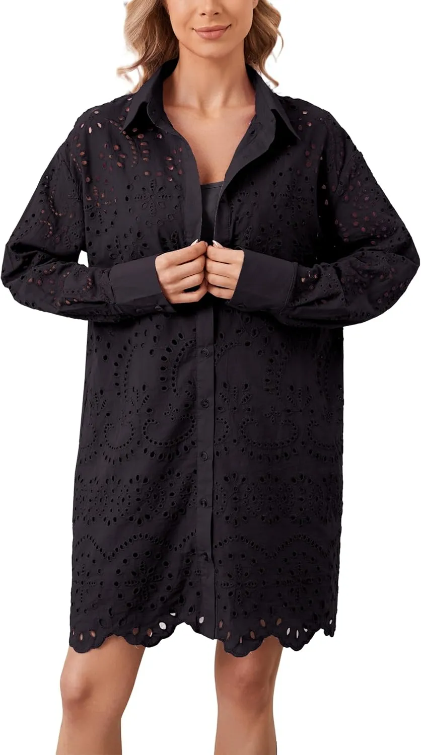 Women Hollow Out Eyelet Button Down Lapel V Neck Long Sleeve Ruffle Flowy Solid Oversized Loose Mini Shirt Dress