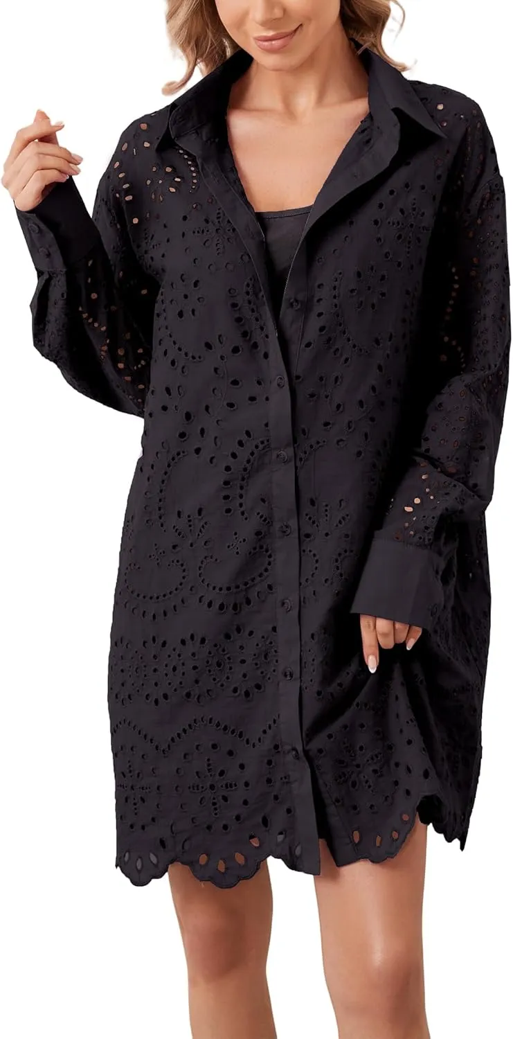 Women Hollow Out Eyelet Button Down Lapel V Neck Long Sleeve Ruffle Flowy Solid Oversized Loose Mini Shirt Dress