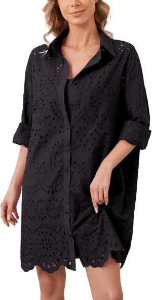 Women Hollow Out Eyelet Button Down Lapel V Neck Long Sleeve Ruffle Flowy Solid Oversized Loose Mini Shirt Dress