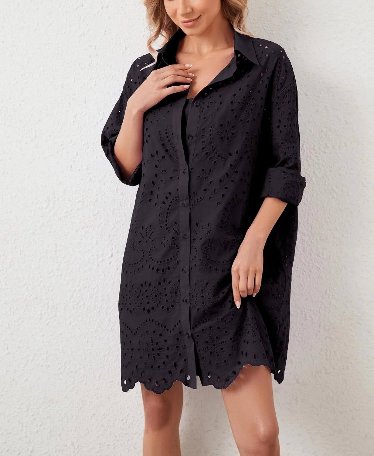 Women Hollow Out Eyelet Button Down Lapel V Neck Long Sleeve Ruffle Flowy Solid Oversized Loose Mini Shirt Dress