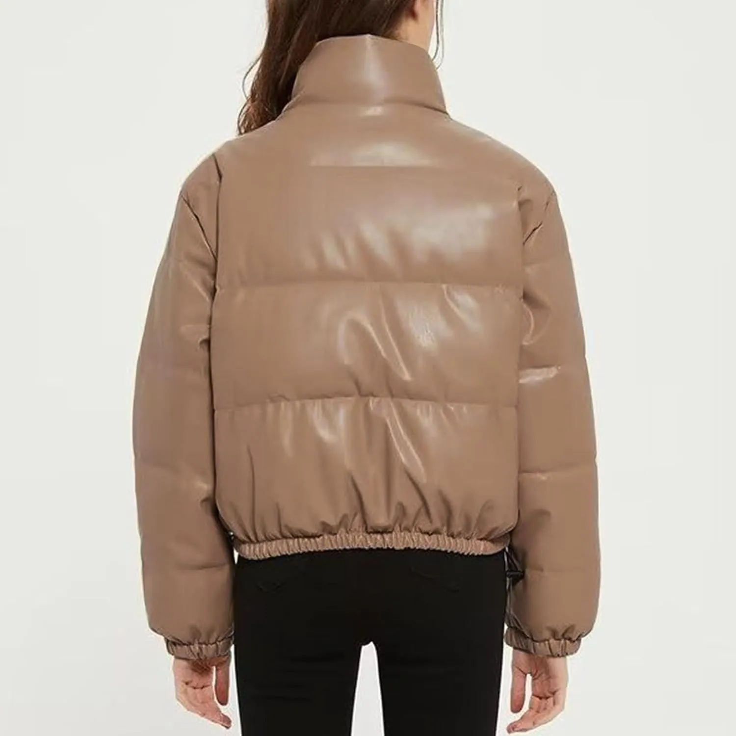 Women Leather Puffer Jackets Cropped Down Coats Stand Collar Fashion Winter Coats Button Up Bubble Moto Bomber Jackets