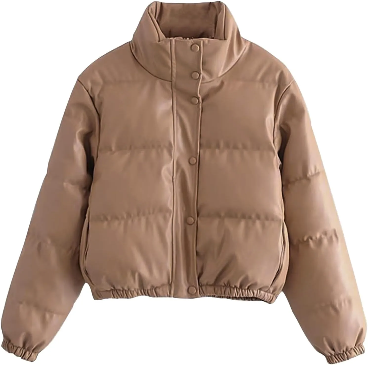Women Leather Puffer Jackets Cropped Down Coats Stand Collar Fashion Winter Coats Button Up Bubble Moto Bomber Jackets