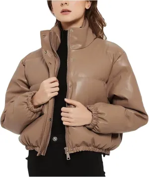 Women Leather Puffer Jackets Cropped Down Coats Stand Collar Fashion Winter Coats Button Up Bubble Moto Bomber Jackets