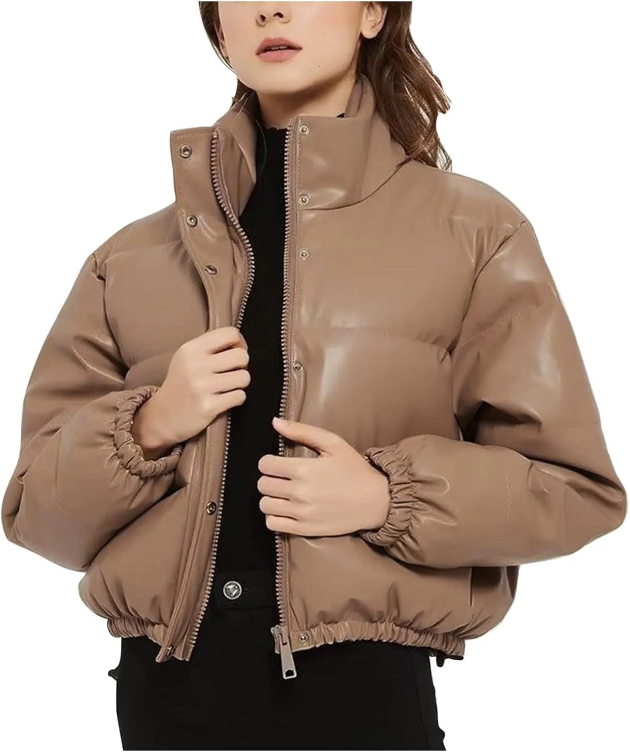 Women Leather Puffer Jackets Cropped Down Coats Stand Collar Fashion Winter Coats Button Up Bubble Moto Bomber Jackets