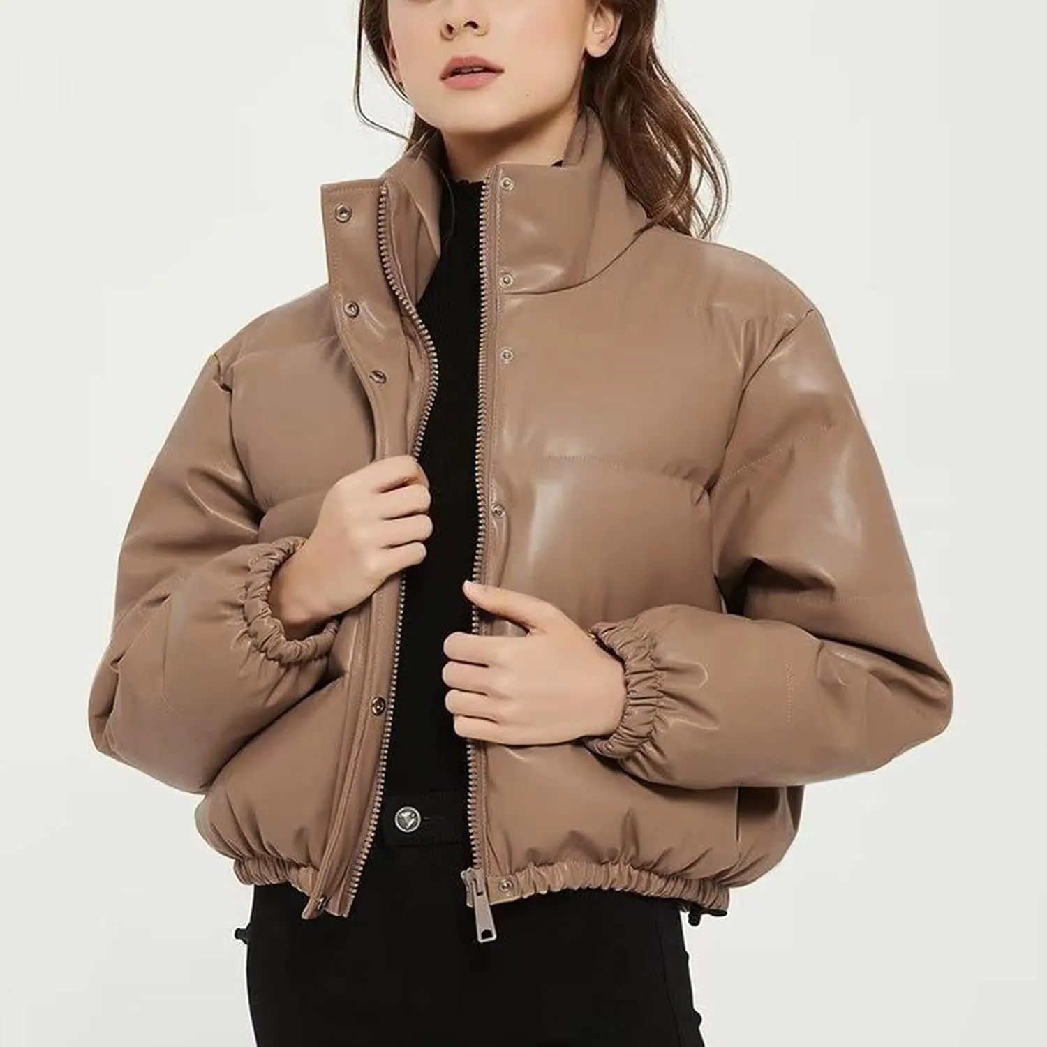 Women Leather Puffer Jackets Cropped Down Coats Stand Collar Fashion Winter Coats Button Up Bubble Moto Bomber Jackets