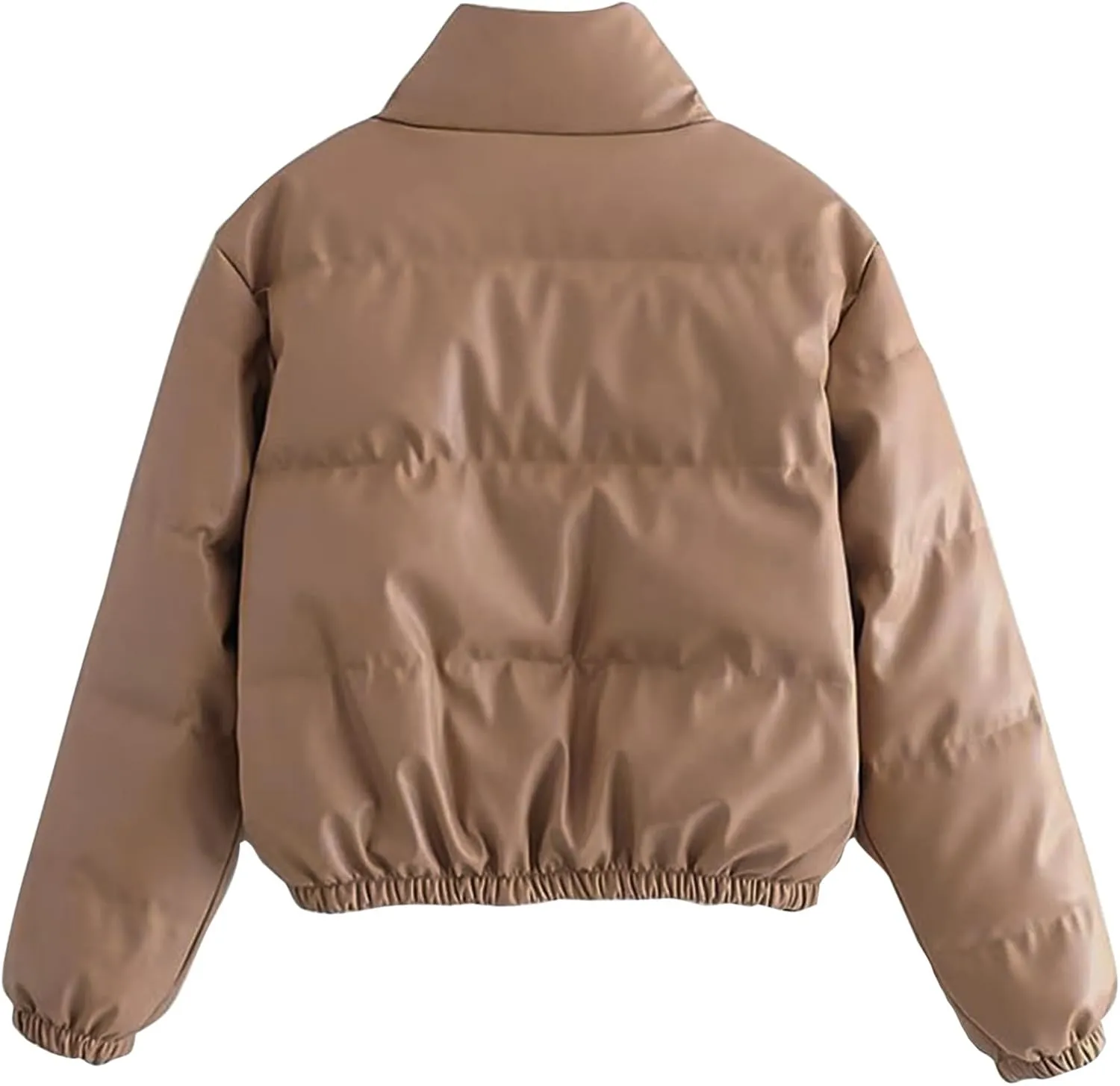 Women Leather Puffer Jackets Cropped Down Coats Stand Collar Fashion Winter Coats Button Up Bubble Moto Bomber Jackets