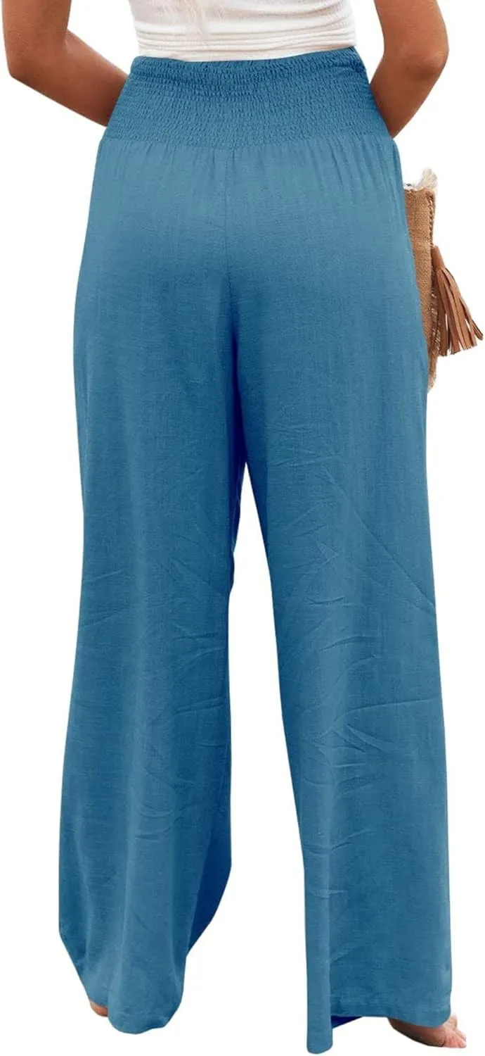 Women Linen Palazzo Pants High Waist Pant Wide Leg Flowy Pants Beach Vacation Clothes Casual Lounge Outfits