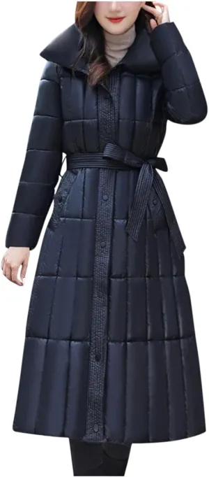 Women Long Winter Coats Lightweight Puffer Jackets Maxi Down Coats with Belt Plus Size Quilted Jackets Outerwear Parkas