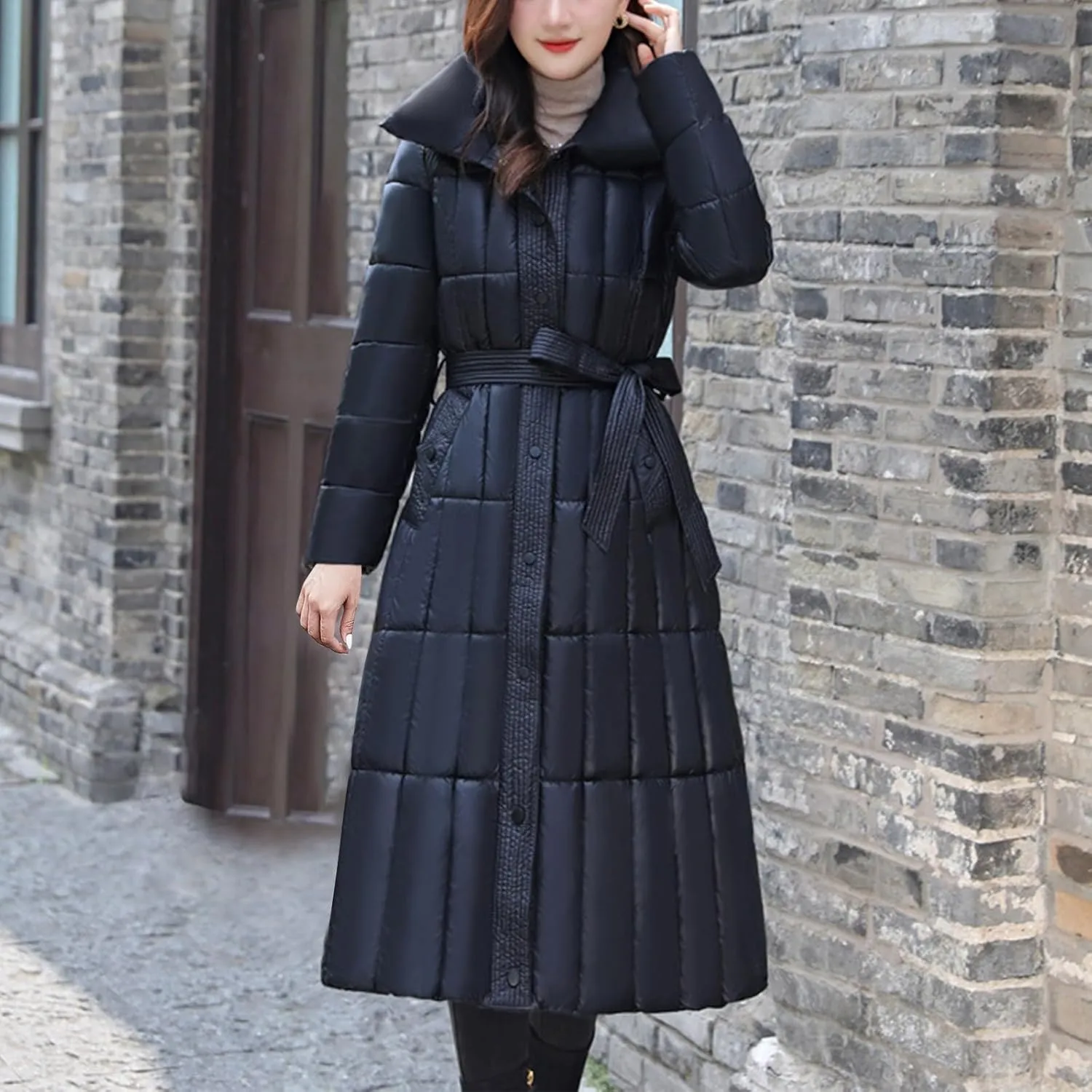 Women Long Winter Coats Lightweight Puffer Jackets Maxi Down Coats with Belt Plus Size Quilted Jackets Outerwear Parkas