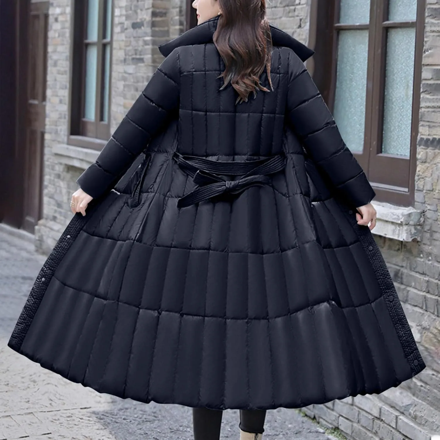 Women Long Winter Coats Lightweight Puffer Jackets Maxi Down Coats with Belt Plus Size Quilted Jackets Outerwear Parkas
