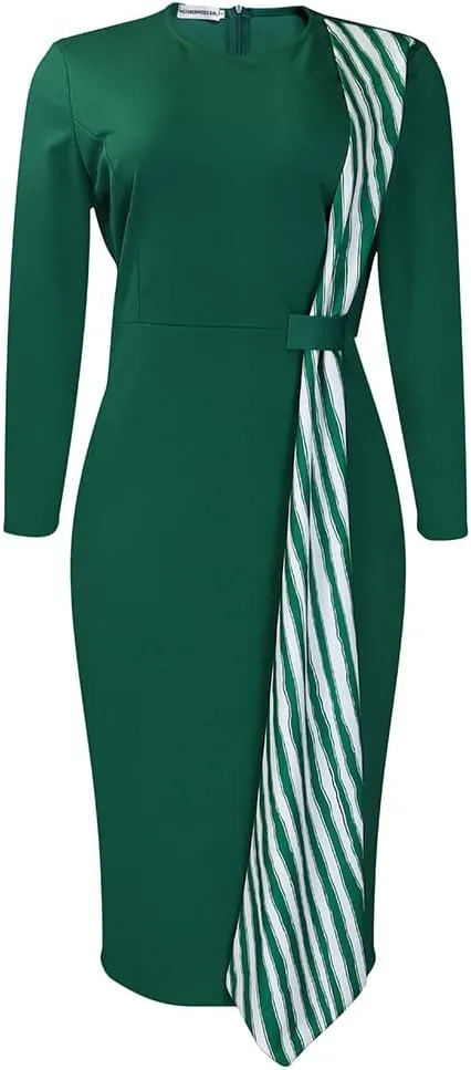 Women Oversized Crew-neck Dress Contrast Stripe Long Sleeve Hip Wrapped High Waisted Pencil Skirt Elegant Slim Dress