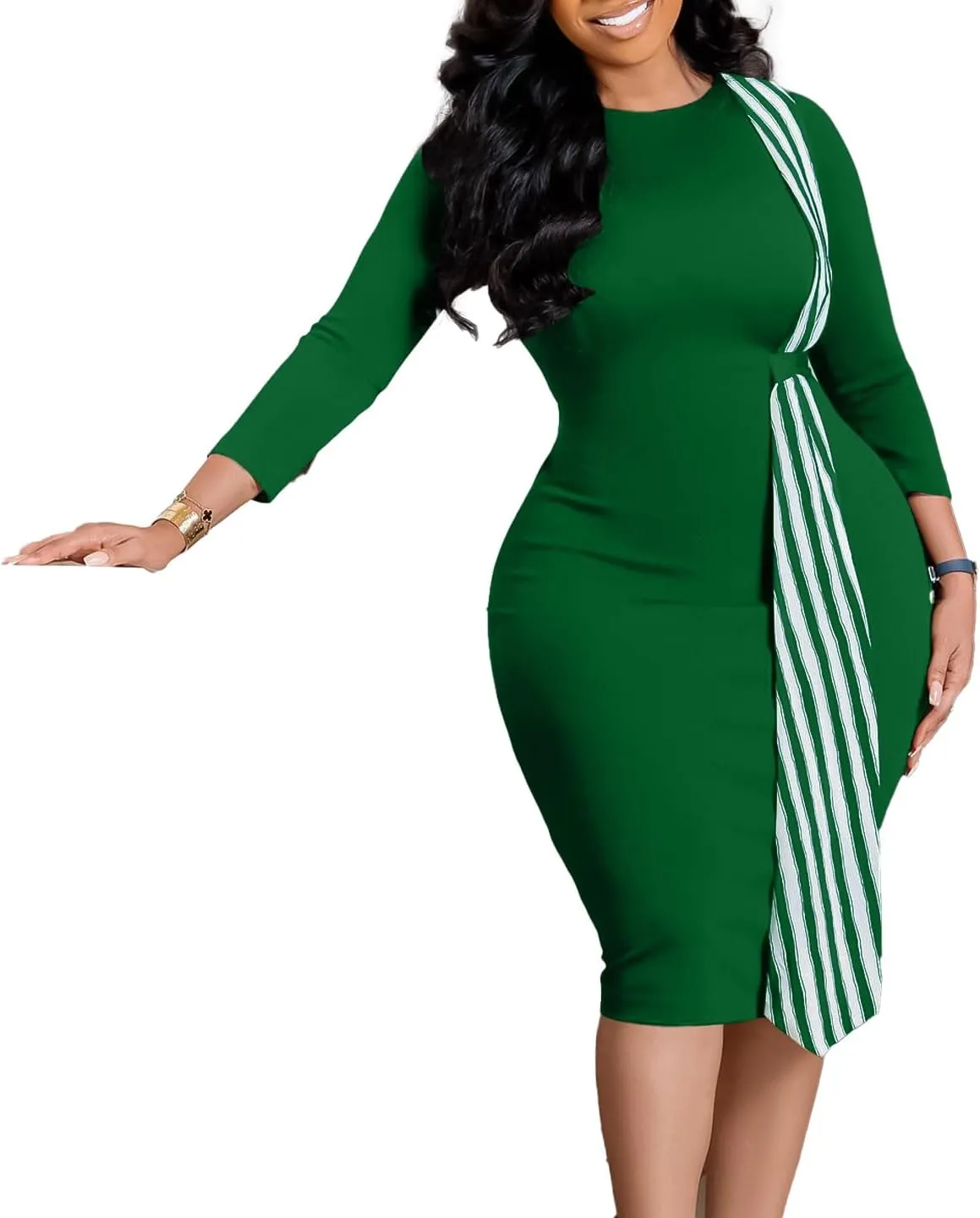 Women Oversized Crew-neck Dress Contrast Stripe Long Sleeve Hip Wrapped High Waisted Pencil Skirt Elegant Slim Dress