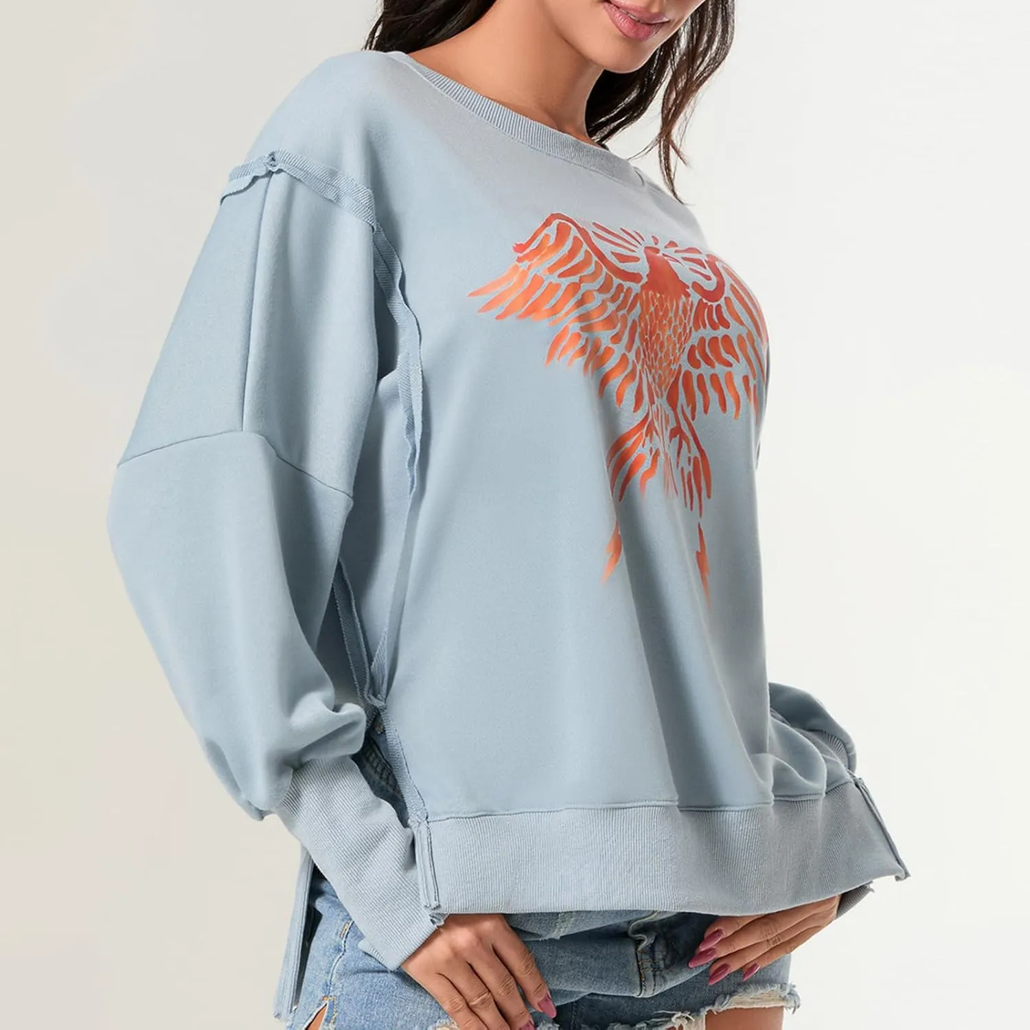 Women Oversized Graphic Sweatshirt Y2K Long Sleeve Crewneck Drop Shoulder Tee Shirt Vintage Loose Fit Pullover Tops