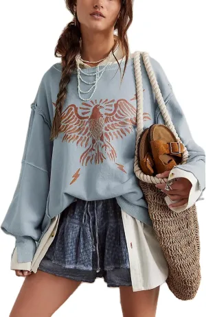 Women Oversized Graphic Sweatshirt Y2K Long Sleeve Crewneck Drop Shoulder Tee Shirt Vintage Loose Fit Pullover Tops