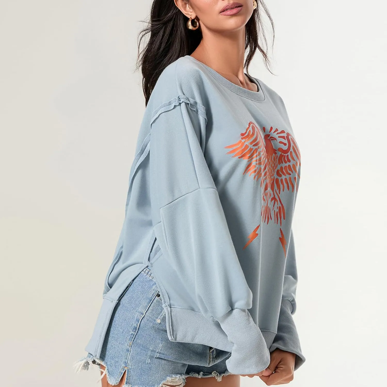 Women Oversized Graphic Sweatshirt Y2K Long Sleeve Crewneck Drop Shoulder Tee Shirt Vintage Loose Fit Pullover Tops