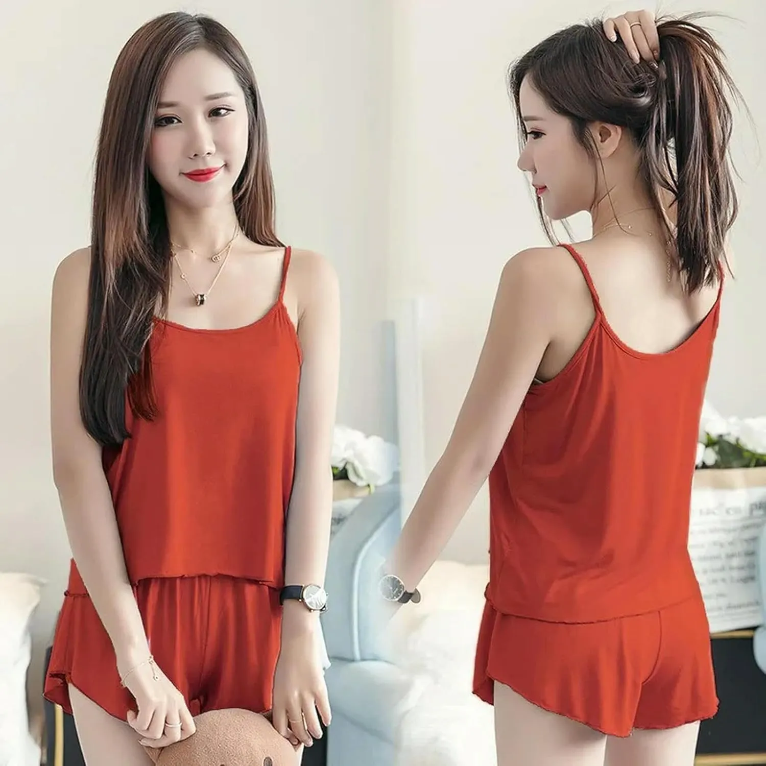 Women Sexy Pajamas Sleepwear Pajama Set Nightgowns Camisole Shorts Spagjetti Strap Black Smooth Soft