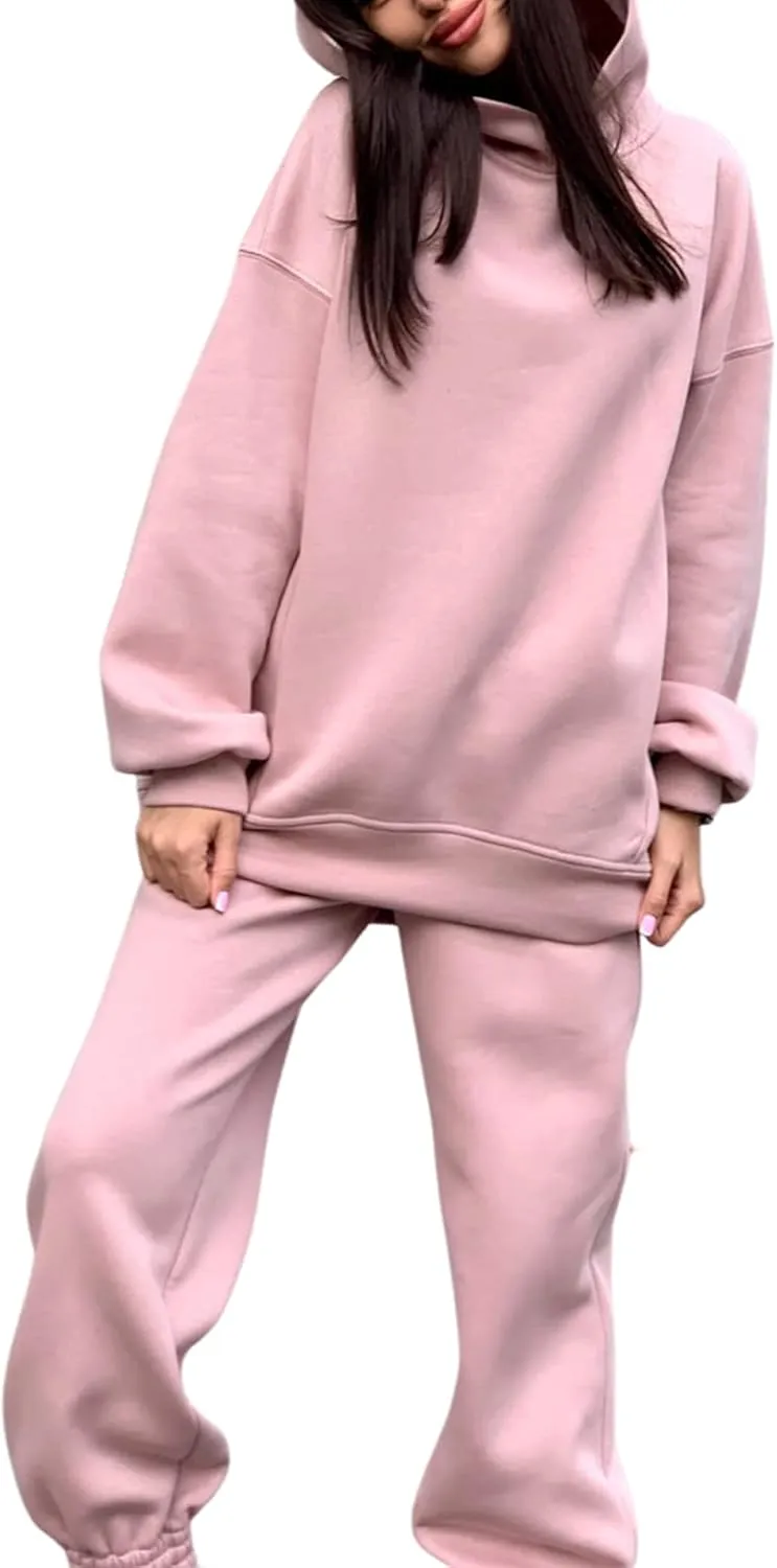 Women Solid Color 2 Piece Jogger Set Oversized Hoodie Sweatshirt and High Waist Sweatpants Set for Teen Girls