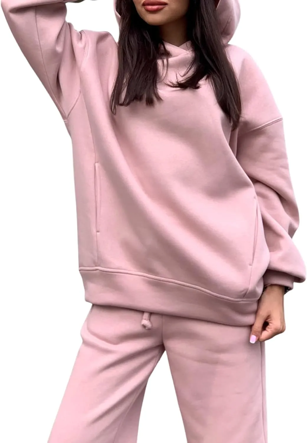 Women Solid Color 2 Piece Jogger Set Oversized Hoodie Sweatshirt and High Waist Sweatpants Set for Teen Girls