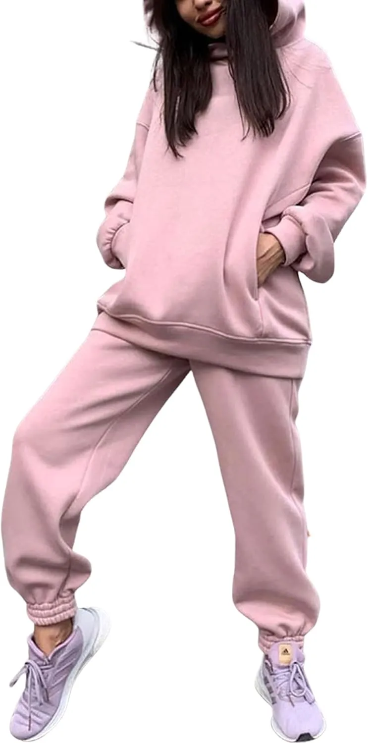 Women Solid Color 2 Piece Jogger Set Oversized Hoodie Sweatshirt and High Waist Sweatpants Set for Teen Girls