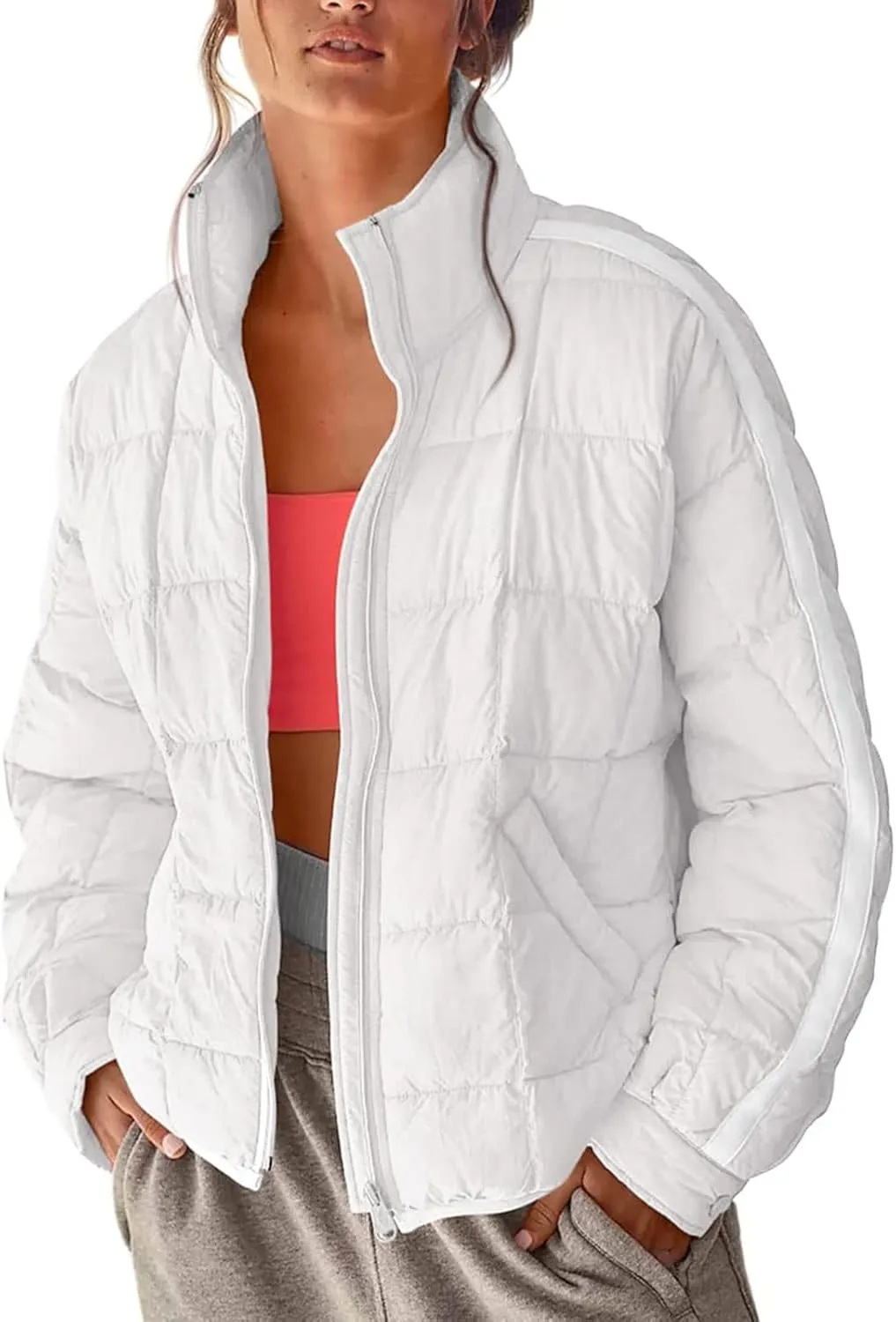 Women Stand Collar Puffer Down Jacket Long Sleeve Cropped Zipper Outwear with Pockets Short Winter Warm Parka Coats