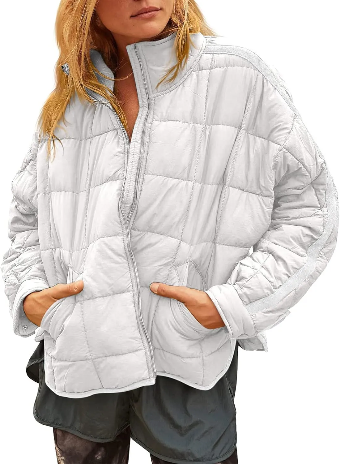 Women Stand Collar Puffer Down Jacket Long Sleeve Cropped Zipper Outwear with Pockets Short Winter Warm Parka Coats