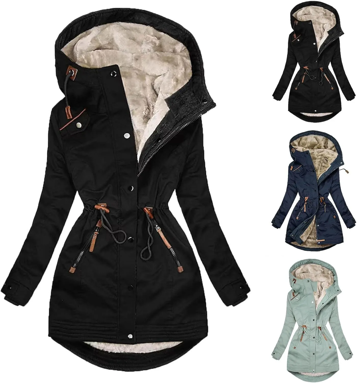 Women Thick Winter Jacket Fleece Lined Down Coat Drawstring Waist Jacket Hooded Parka Coat Warm Outerwear with Pockets