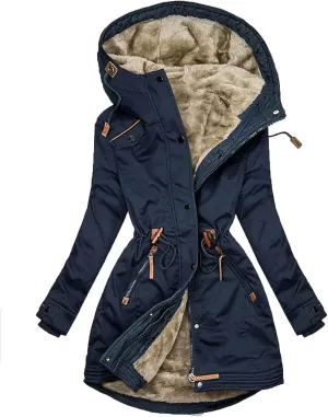 Women Thick Winter Jacket Fleece Lined Down Coat Drawstring Waist Jacket Hooded Parka Coat Warm Outerwear with Pockets