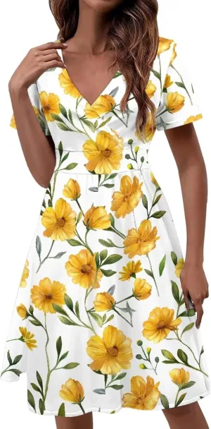 Women Vintage Cocktail 1950s Retro Tea Party Swing Dress Elegant Summer Floral Print Waist-Slimming A-line Dress