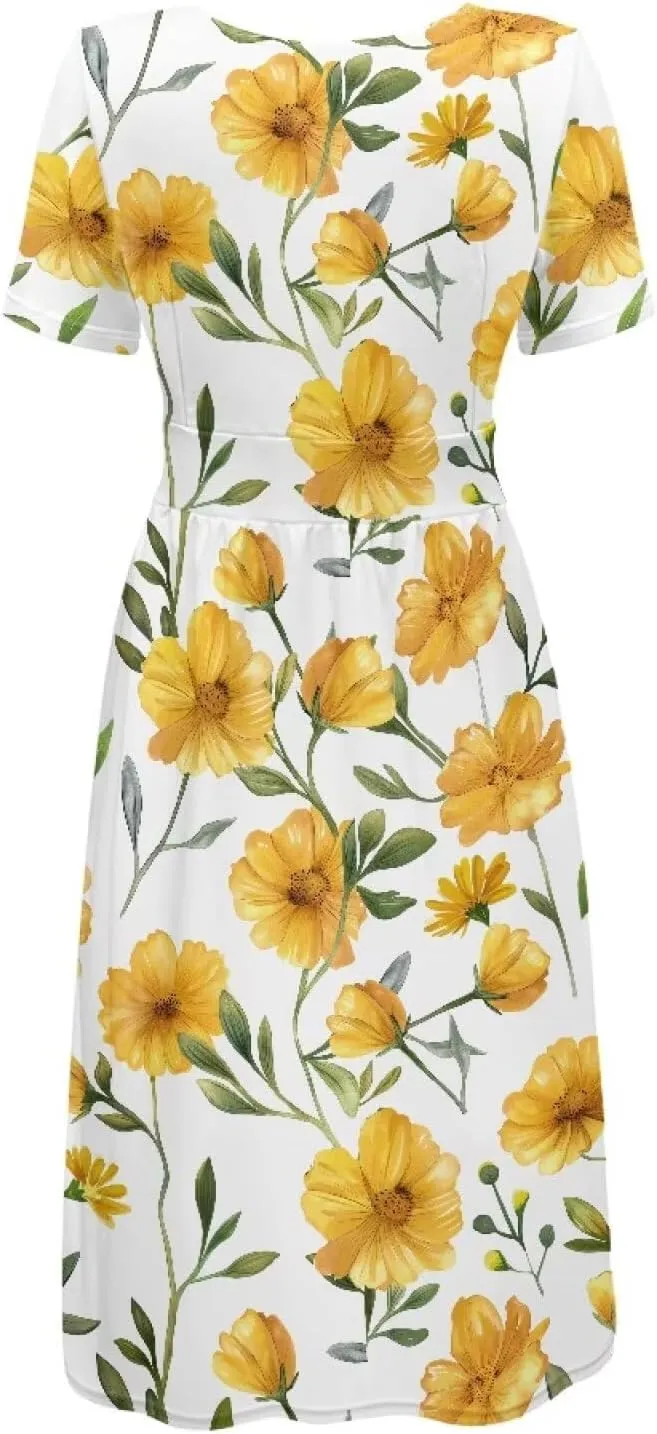 Women Vintage Cocktail 1950s Retro Tea Party Swing Dress Elegant Summer Floral Print Waist-Slimming A-line Dress
