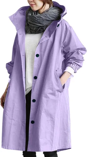 Women Waterproof Raincoat Long Hooded Windbreaker Trench Jacket Plus Size Button down Jacket Rain Jackets