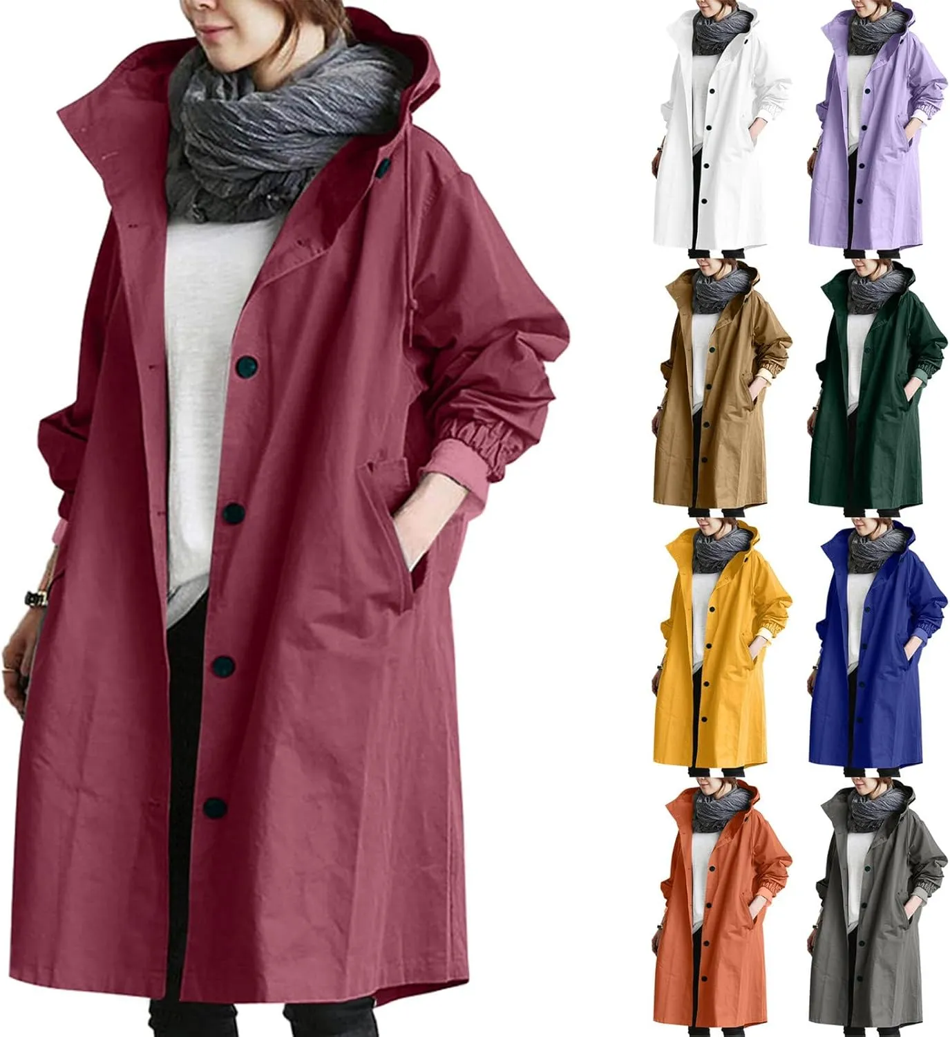 Women Waterproof Raincoat Long Hooded Windbreaker Trench Jacket Plus Size Button down Jacket Rain Jackets