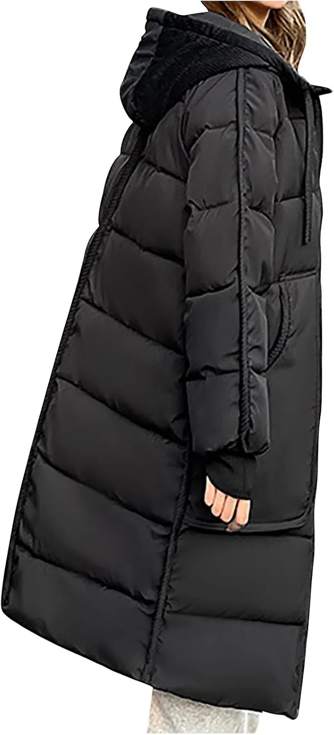 Women Winter Long Quilted Coat Maxi Length Puffer Jacket Padded Coat Cotton Hooded Long Sleeve with Oversized Pockets